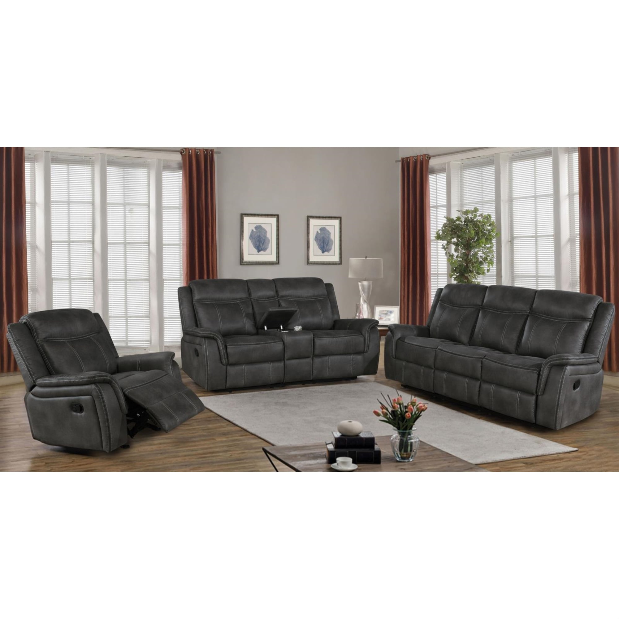 Charcoal 3-Piece Faux Leather Reclining Living Room Set