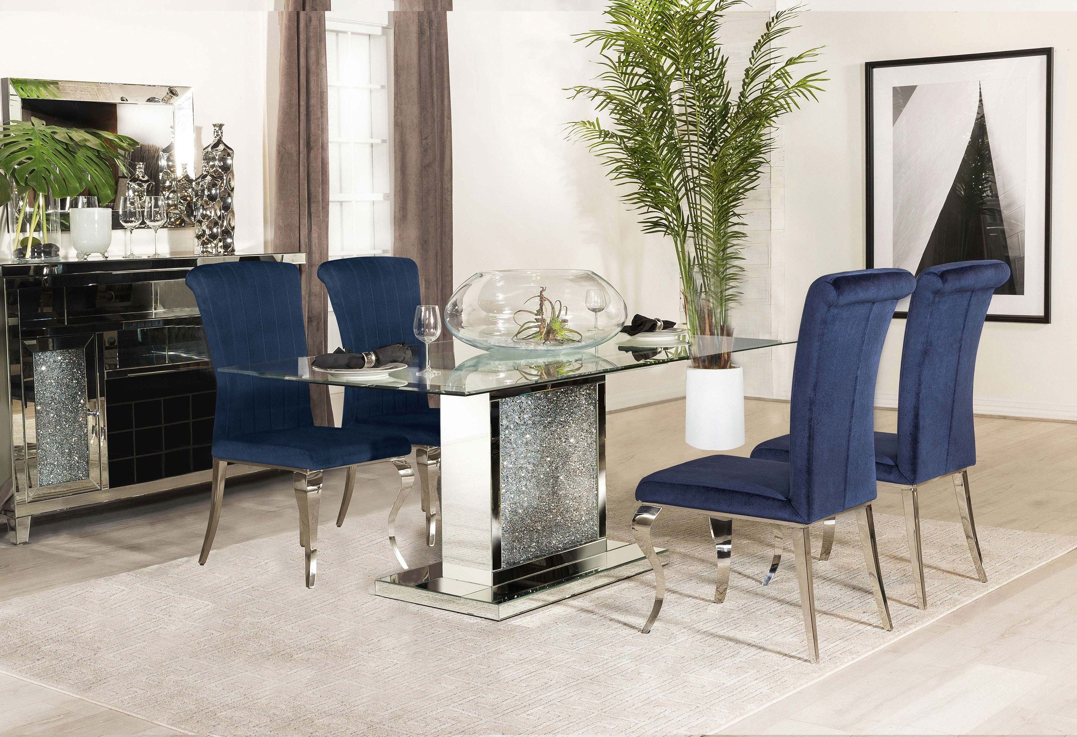 Marilyn 5-Piece Ink Blue Upholstered Dining Set with Glass Top