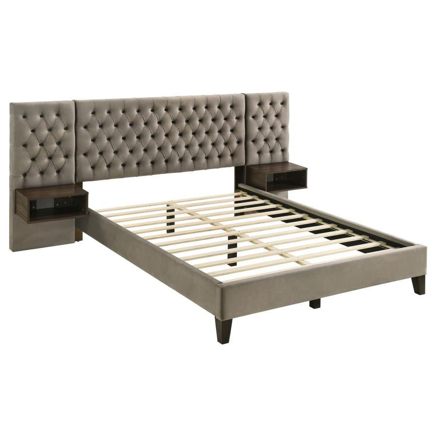Light Brown Velvet Upholstered Queen Platform Bed with Tufted Headboard