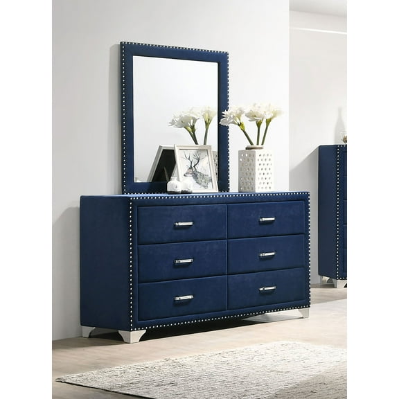 Melody 6-drawer Upholstered Dresser with Mirror Pacific Blue