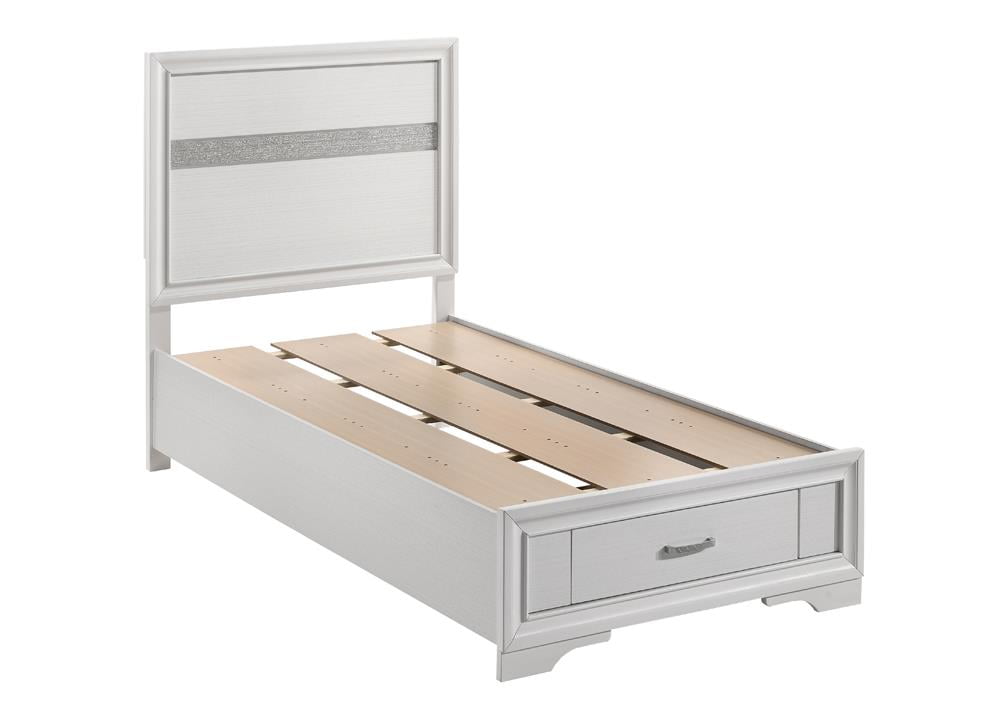 White Twin Platform Storage Bed with Upholstered Headboard