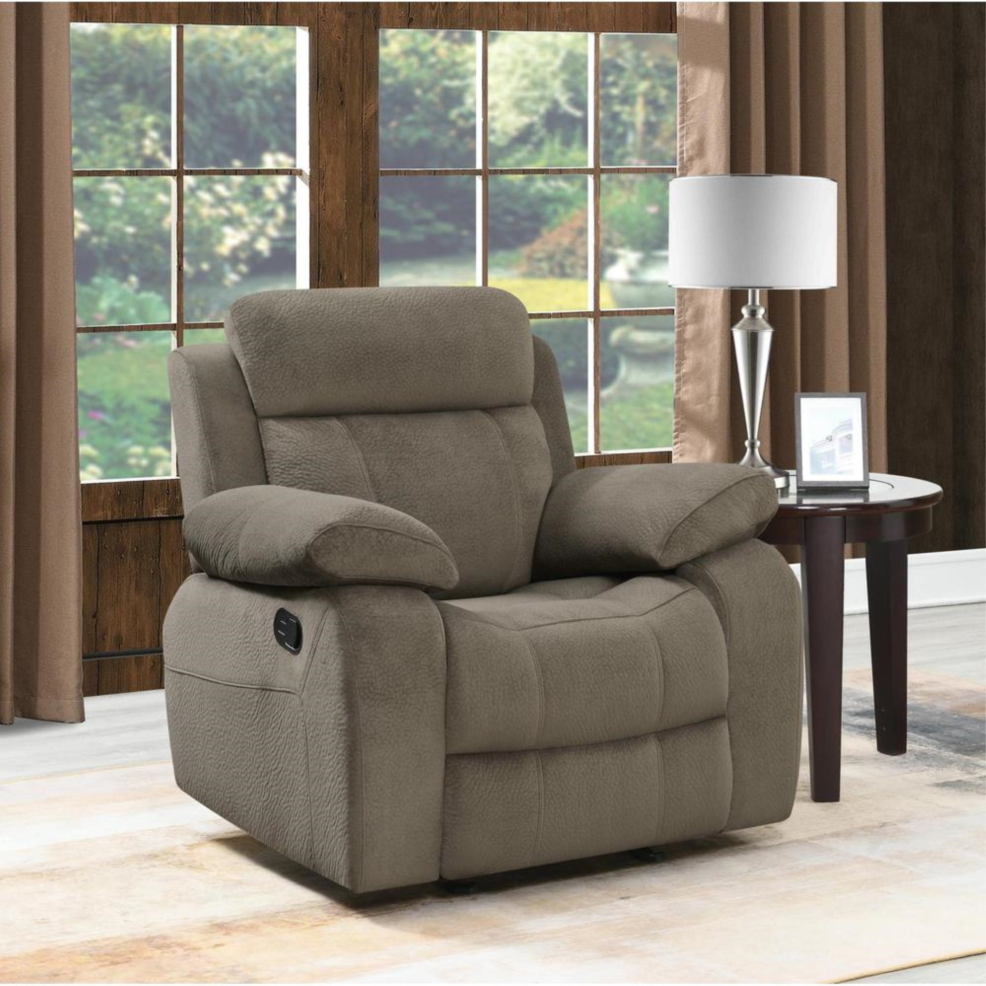 Transitional Mocha Brown Velvet Glider Recliner with Plush Pillow Arms