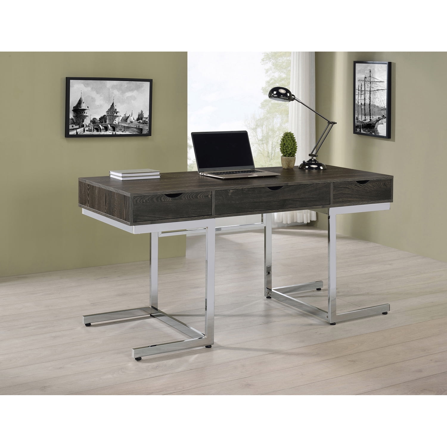 Chic Dark Oak 62" Contemporary Home Office Desk with Chrome Accents