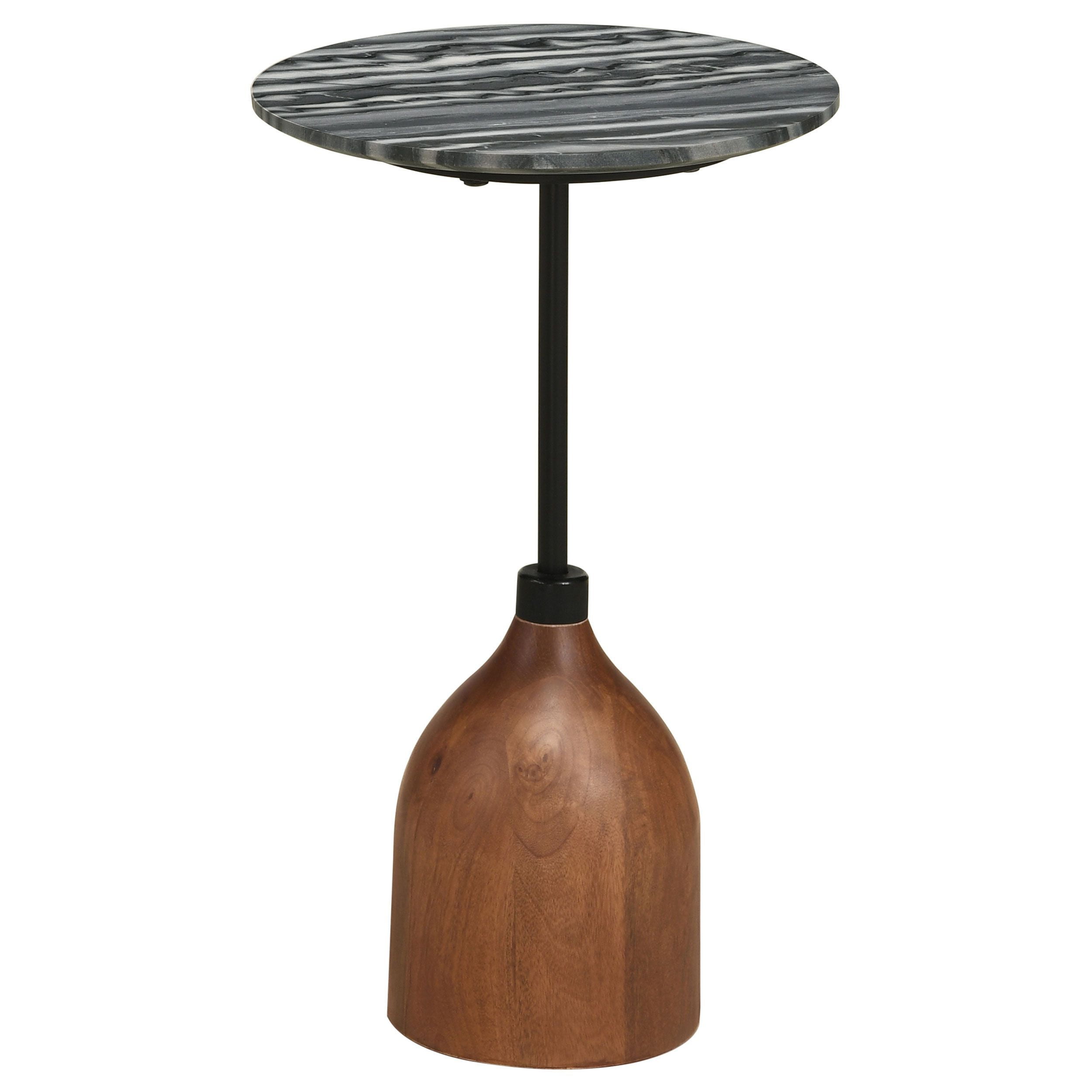 Mid Century Modern Black Marble and Brown Wood Round Side Table