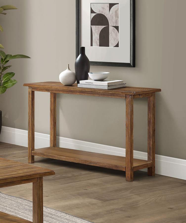 Distressed Brown Pine Wood Console Table with Shelf