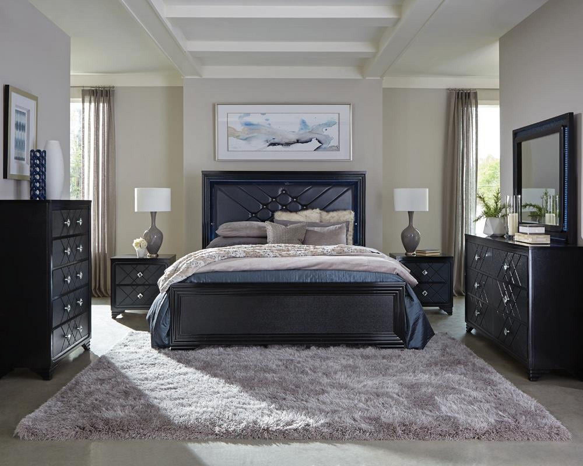 Penelope Black Faux Leather Queen Bedroom Set with LED Lighting