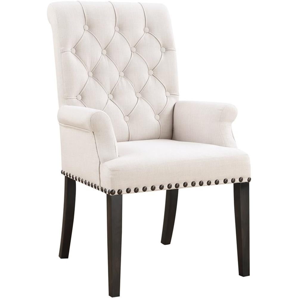 Elegant Beige Linen Upholstered High Arm Chair with Smokey Black Wood