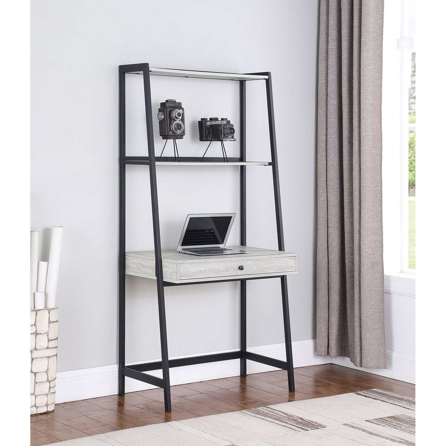 Gray Stone and Black Ladder Writing Desk with Drawer