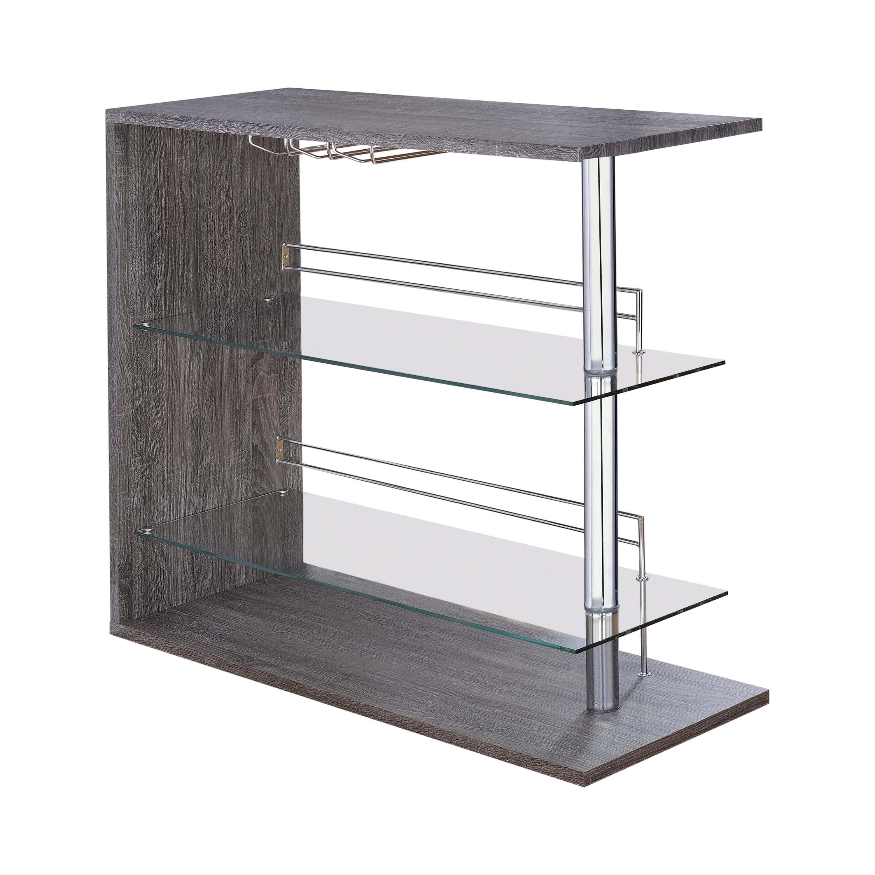 Weathered Gray and Chrome Rectangular Bar Unit with Glass Shelves