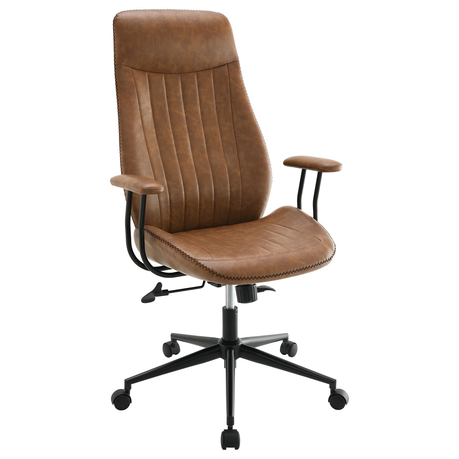 Brown Faux Leather Swivel Desk Chair with Wood Accents