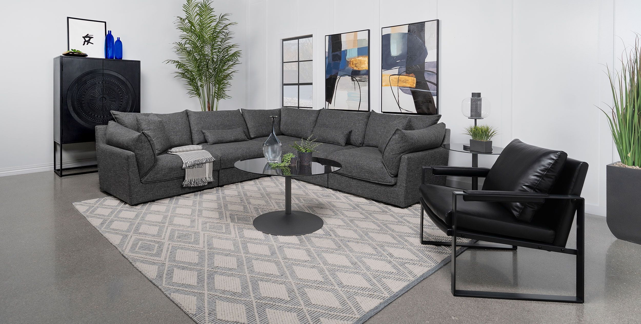 Barely Black Five-Piece Fabric Sectional with Ottoman