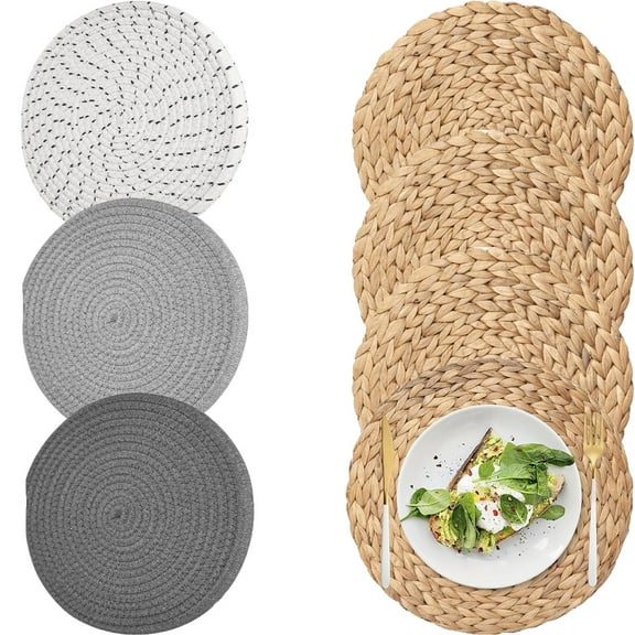 Coaster Set of 7,Non Slip Trivets for Hot Pots&Pans,7" Cotton Thread Weave Hot Pot Holders,9.84" Rattan Placemats Wicker Placemats,Heat Resistant Table Mats Trivet,Hot Pads Trivet for Cooking&Baking