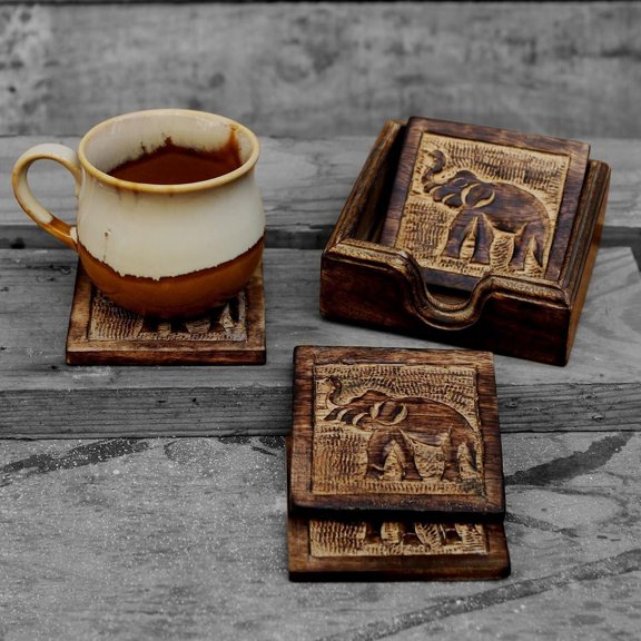 Coaster Set of 4 Handcrafted for Drinks & Dining. Handcrafted Elephant Design Tabletop for Home Decor. Kitchen Accessories.