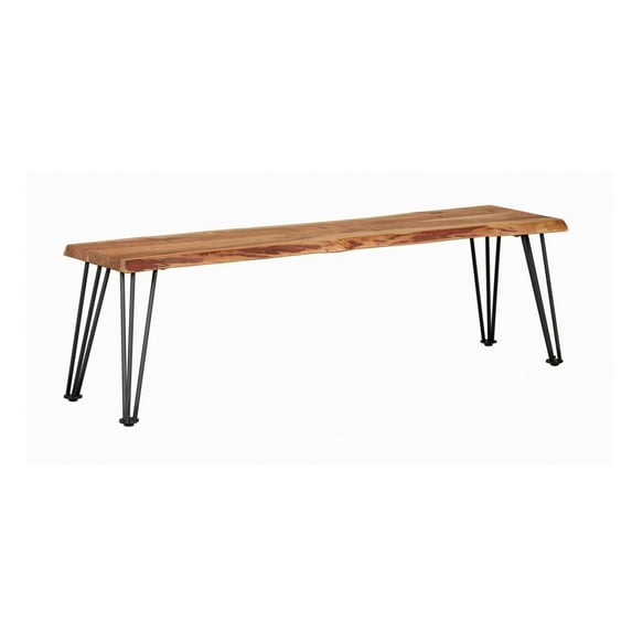 Wooden Dining Bench with Live Edge Details and Metal Legs Brown - Saltoro Sherpi