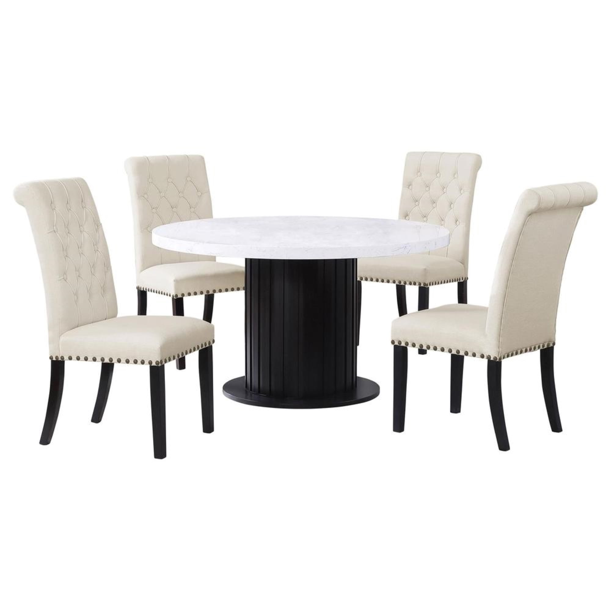54" Round White Marble Dining Set with Beige Upholstered Chairs
