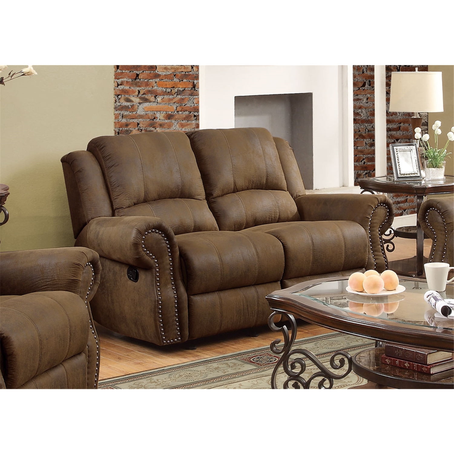 Coaster Sir Rawlinson Gliding Reclining Loveseat with Nailhead Studs Buckskin BrownColorBrown