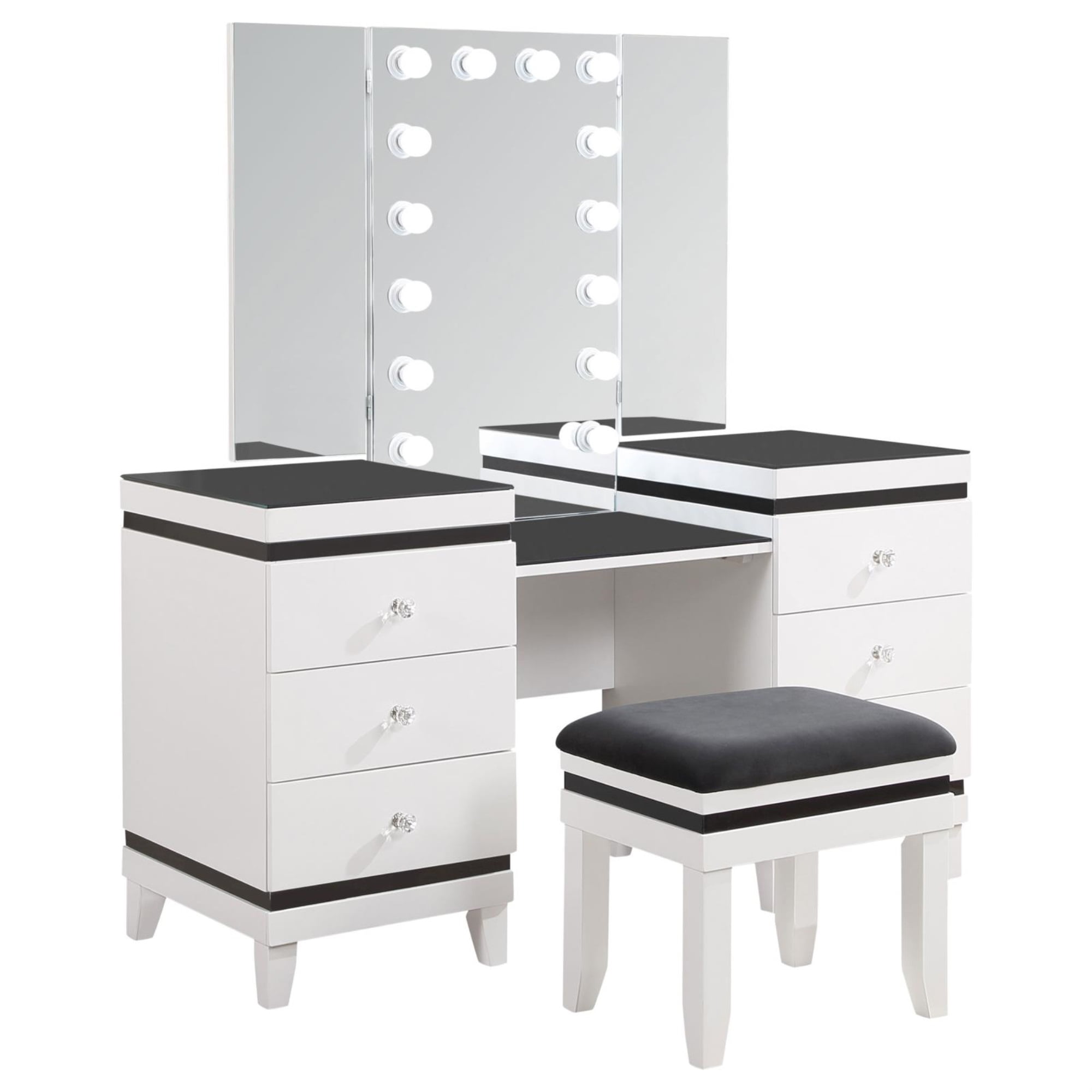 Black and White 6-Drawer Vanity Set with Bench and Lights