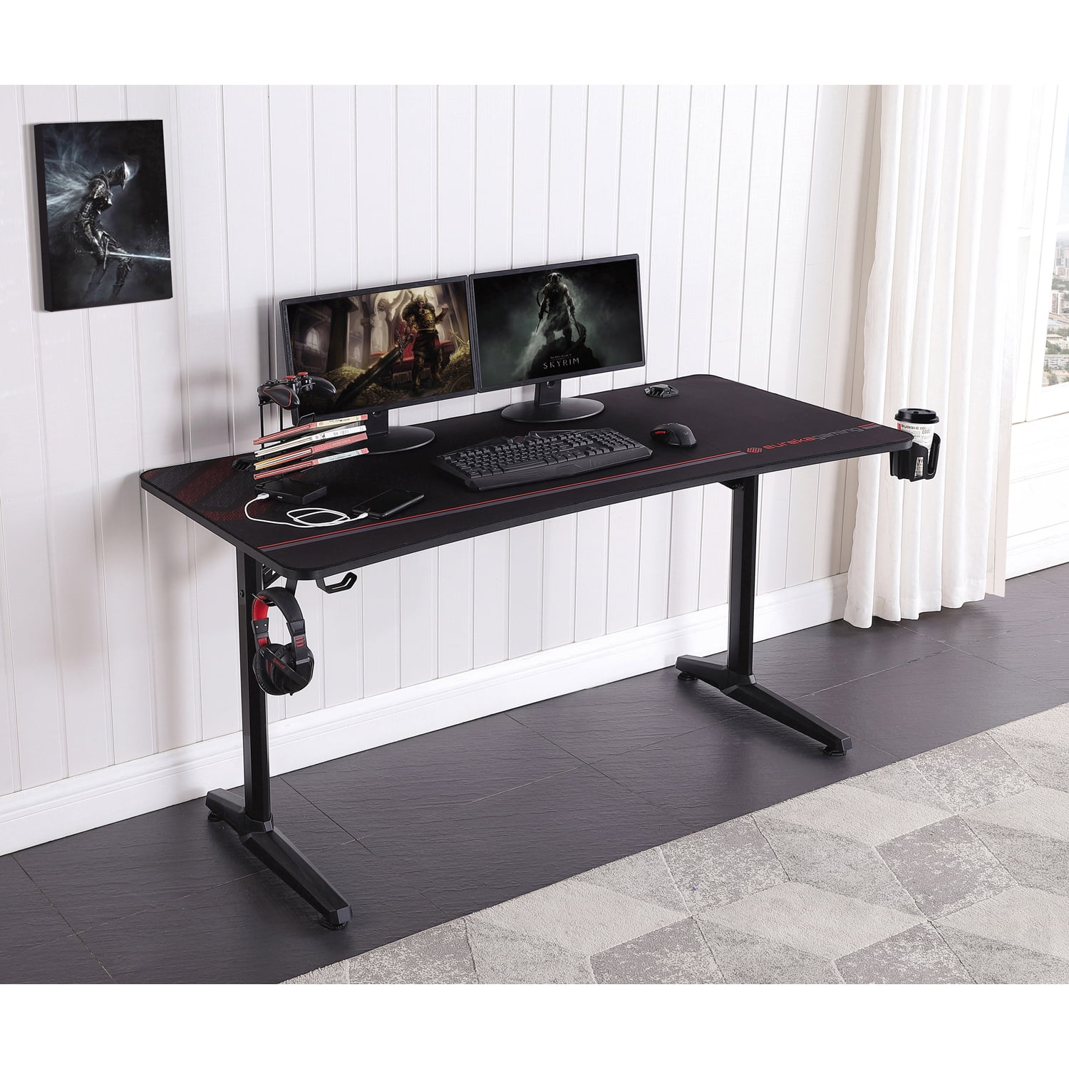 Contemporary Black Gaming Desk with USB & Cup Holder 60"
