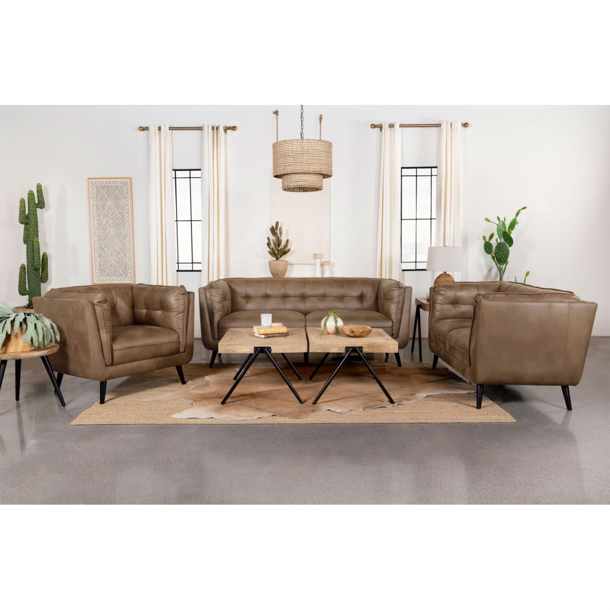 Brown Microfiber Upholstered Tufted 3-Piece Living Room Set
