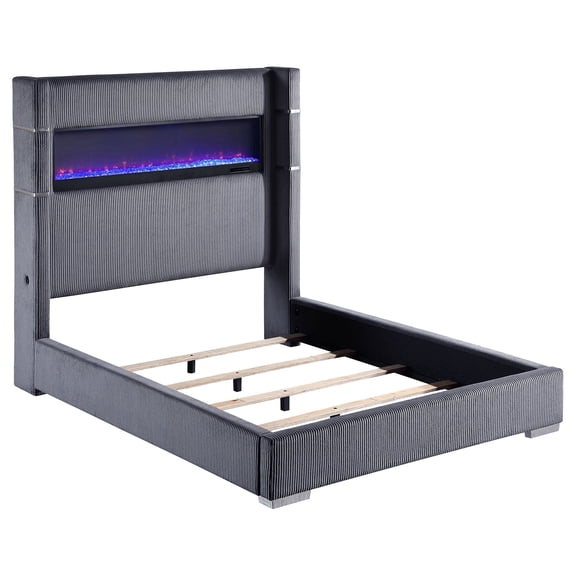 Coaster Tisdall Upholstered Queen Flame Visualizer Bed, Grey