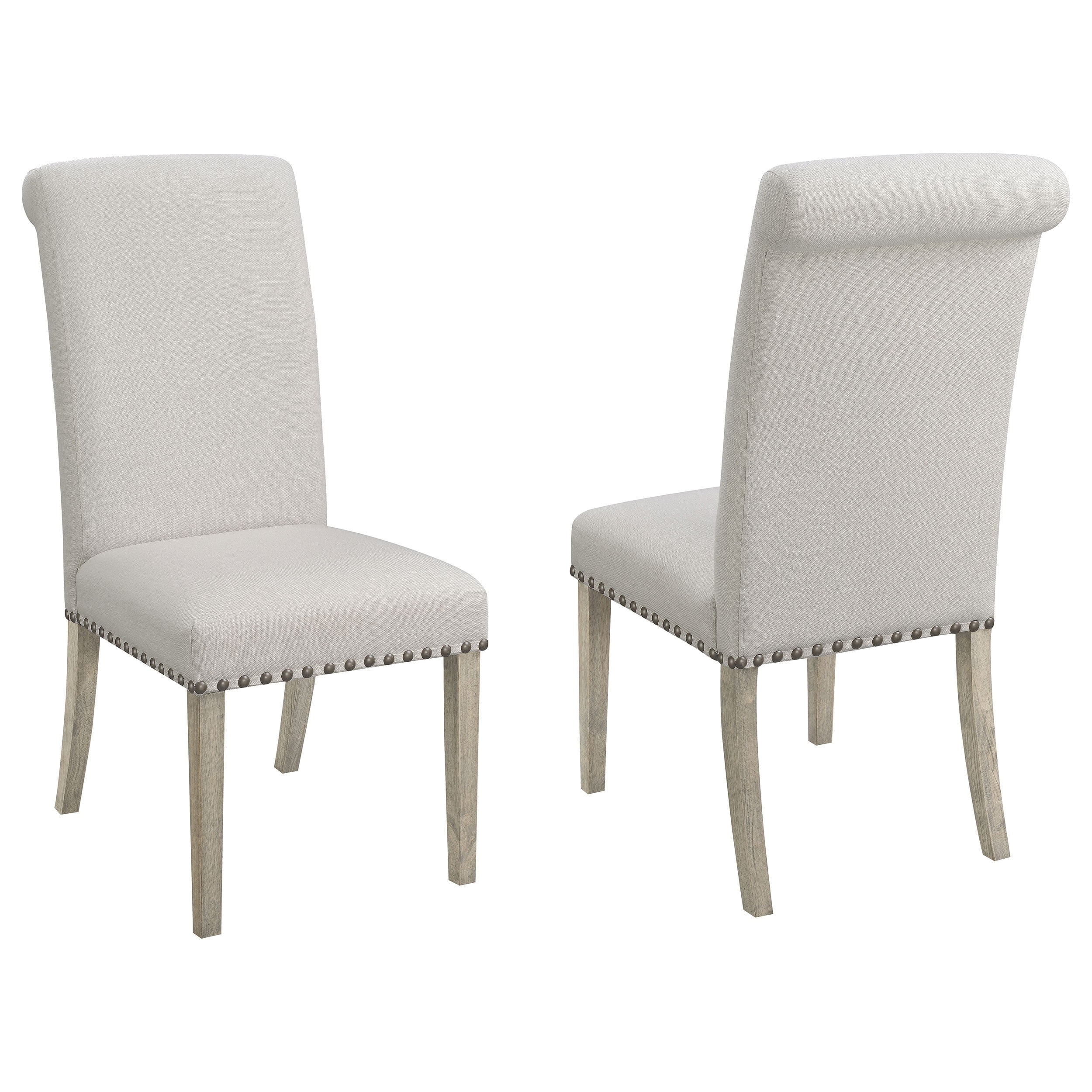 Beige Linen Upholstered Parsons Side Chair with Rustic Pine Legs