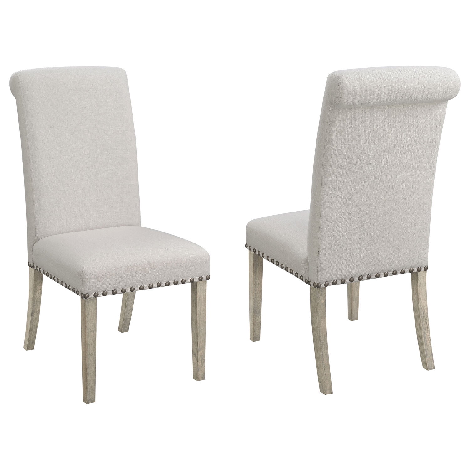 Beige Linen Upholstered Parsons Side Chair with Rustic Pine Legs
