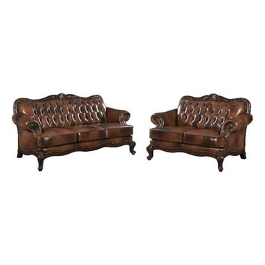 Coaster Victoria 2-Piece Leather Tufted Sofa with Rolled Arms Sofa Set in Brown