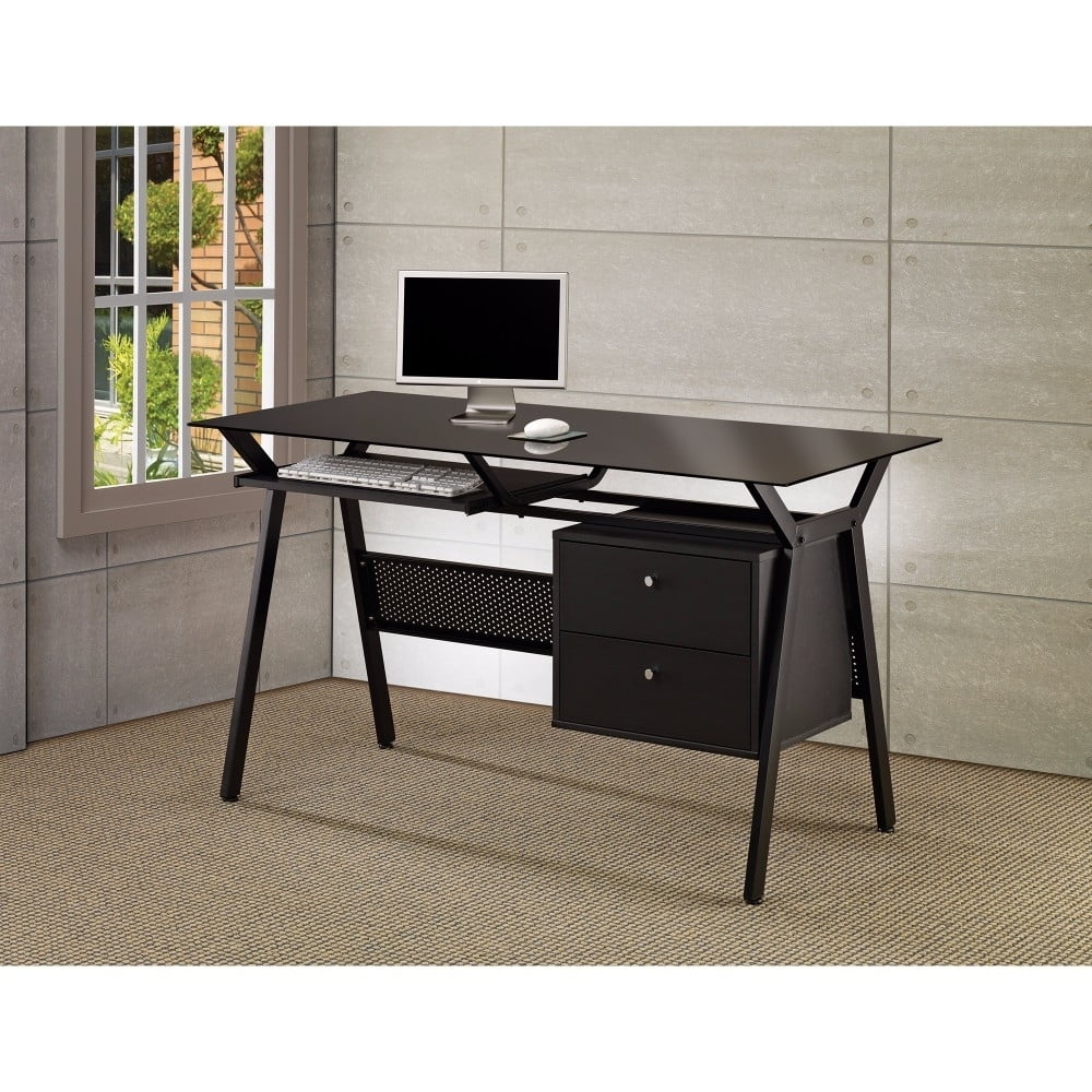 Transitional Black 55" Home Office Desk with Keyboard Tray and Drawers
