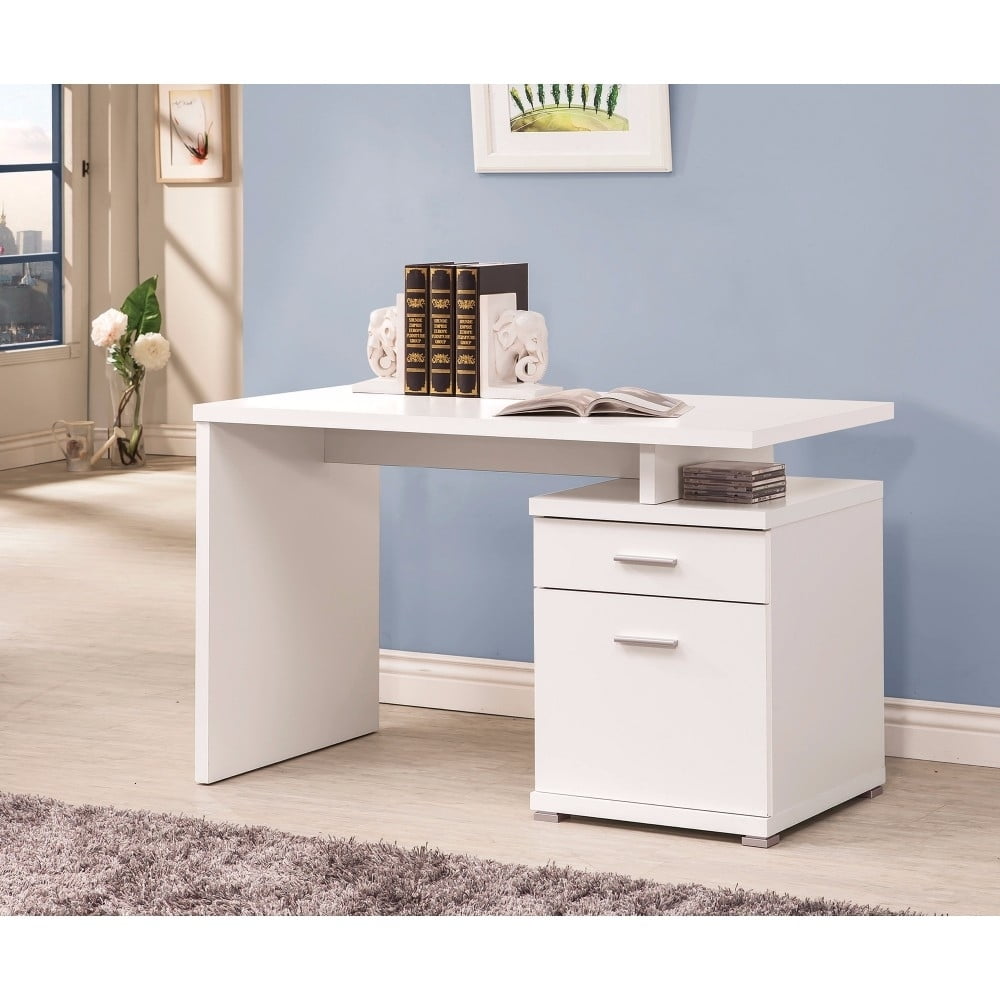 Transitional White Home Office Desk with Reversible Filing Cabinet