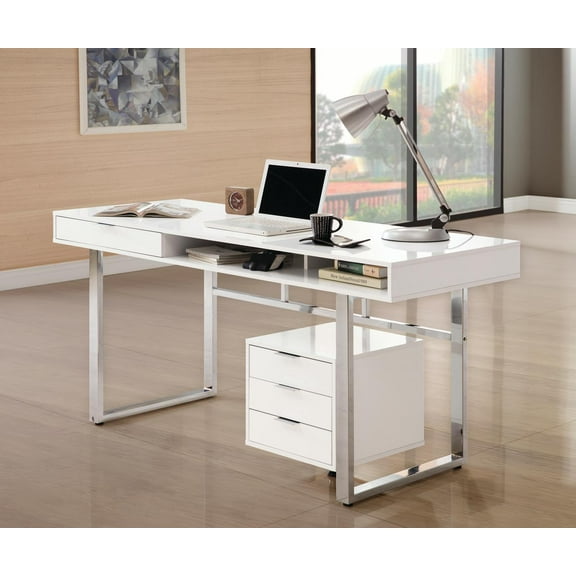 Coaster Whitman 4-drawer Modern Wood Writing Desk in White High Gloss and Chrome