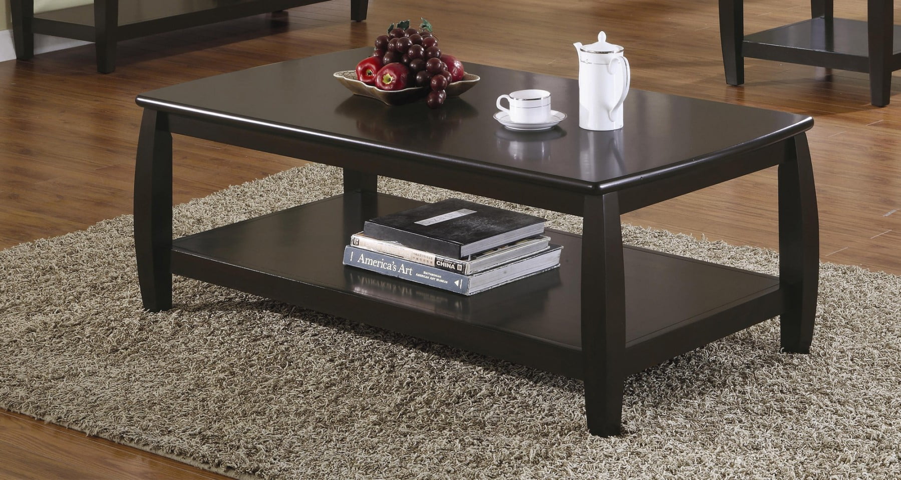 Marina Bowed Legs Cappuccino Finish Rectangular Coffee Table with Shelf