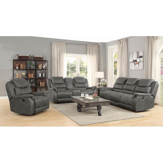 Coaster Wyatt Upholstered Motion Sofa with Drop Down Table and Drawer Grey-Color:Grey,Finish:Other Color,Style:Traditional
