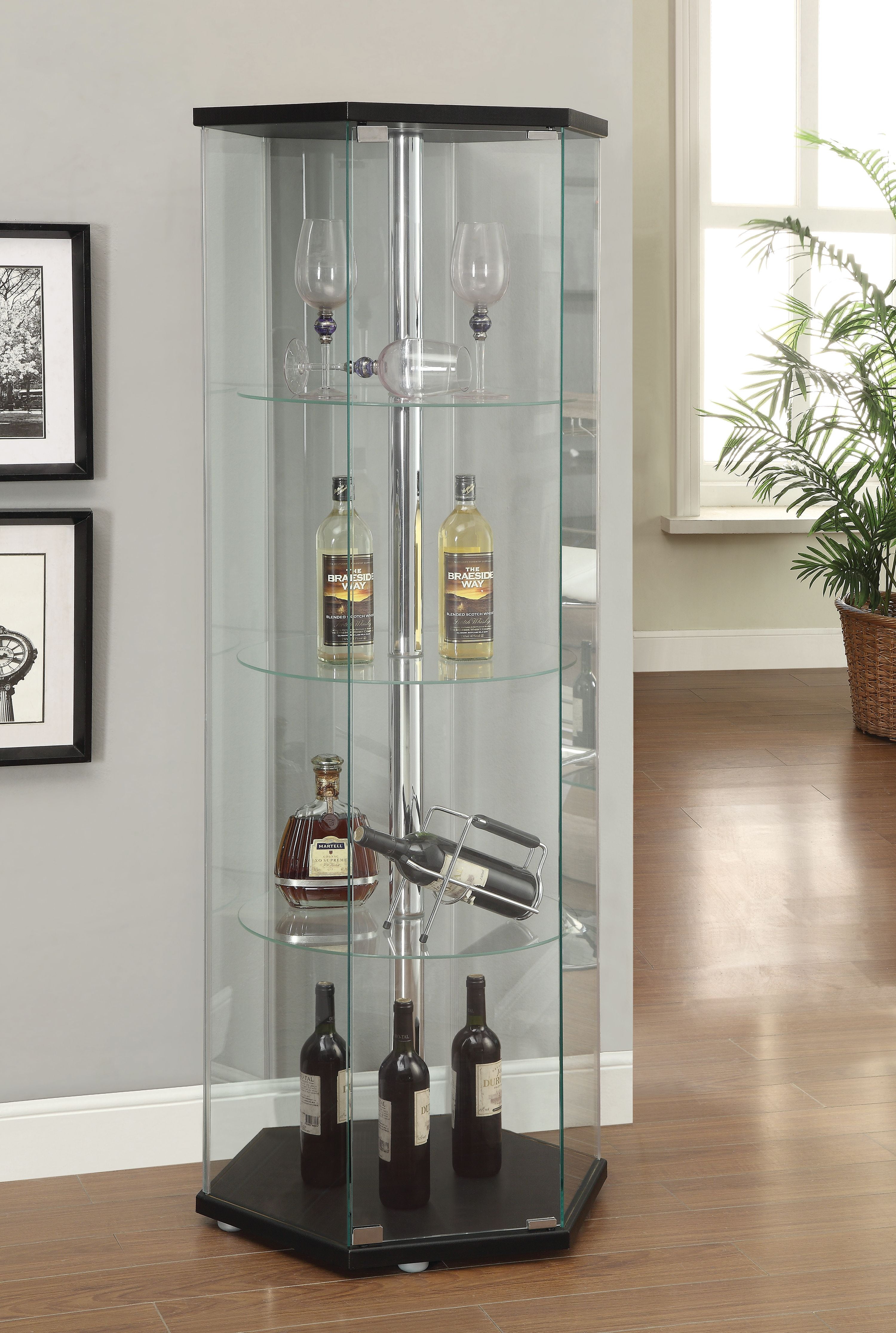Black Hexagonal Glass Curio Cabinet with Chrome Accents