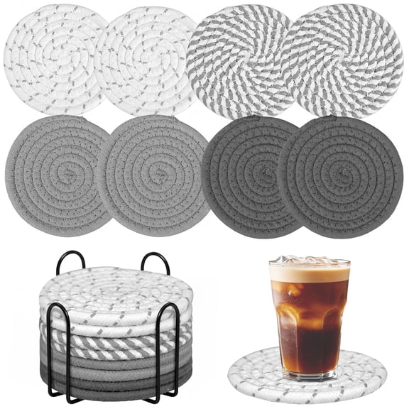 Absorbent Coasters Set of 8 with Coaster Holder – Boho Coasters for Drinks | Mid Century Modern Decor & Coffee Table Decor for Living Room or Bar, Grey