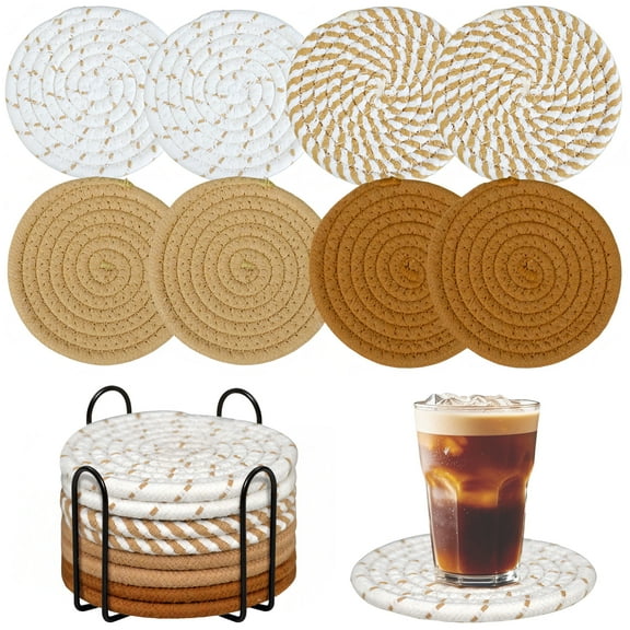 Absorbent Coasters Set of 8 with Coaster Holder – Boho Coasters for Drinks | Mid Century Modern Decor & Coffee Table Decor for Living Room or Bar, Brown