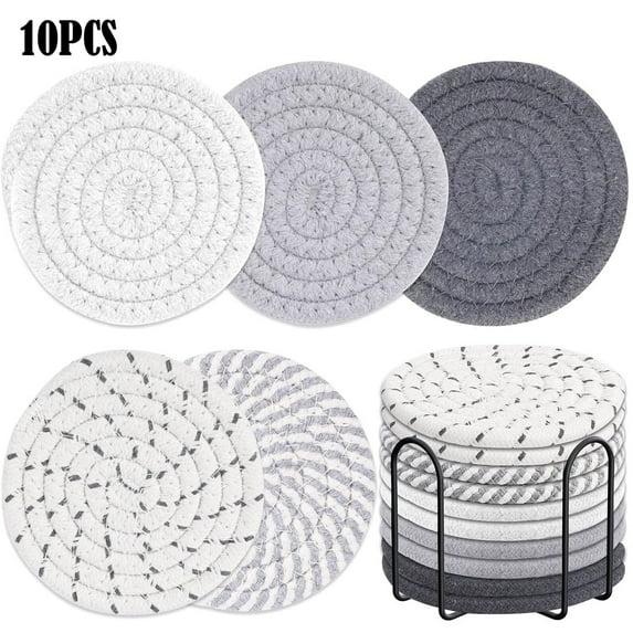 Coasters for Drink Absorbent, Coasters For Drinks,4 Colors Drink Coasters with Holder, Woven Coasters Set for Coffee Table, Wooden Table Decor, Home Decor, 4.3 Inches