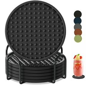 Coasters for Drinks 6 Pack Drink Coaster with Holder,Heat Resistant Silicone Cup Mat Tabletop Protection,Non-Slip Rubber Coasters for Kinds of Cups (Black)