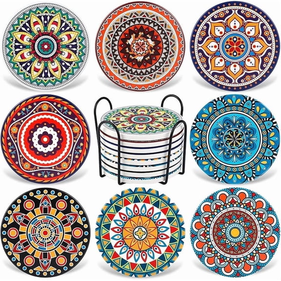 Coasters for Drinks,AODINI Set of 8 Absorbent Stone Coasters for Wooden Table, Mandala Ceramic with Cork Base, Gift for Housewarming Birthday and Family - Great Home and Dining Room Decor