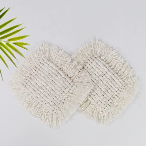 Coasters for Drinks Absorbent, Boho Coasters for Wooden Table, Macrame Coaster, Farmhouse Drink Coaster Set for Kinds of Mugs and Cups, 2PCS Square, Beige