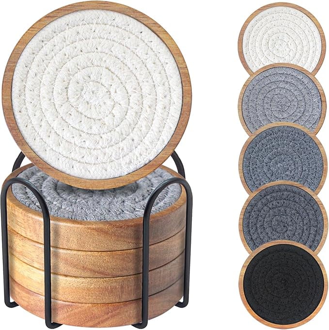 Round Wood and Woven Fabric Coasters with Holder, Set of 5