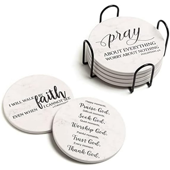 ZEEYII Drink Coasters Set Of 6 With Holder – Ceramic Absorbent Coasters, Cork Bottom, Marble Design, 4 Inches