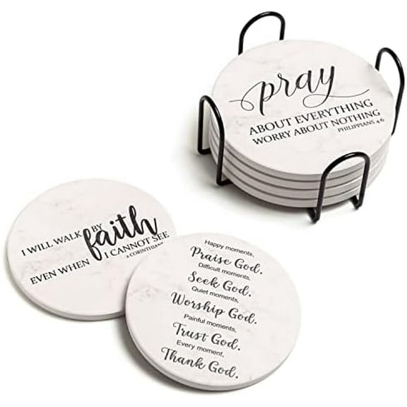 Coasters for Drinks with Bible Verses, Set of 6 Absorbent Drinks Coasters with Holder Ceramic Drink Coaster with Cork Backing for Table Protection, Christian Coasters, Christian Gifts