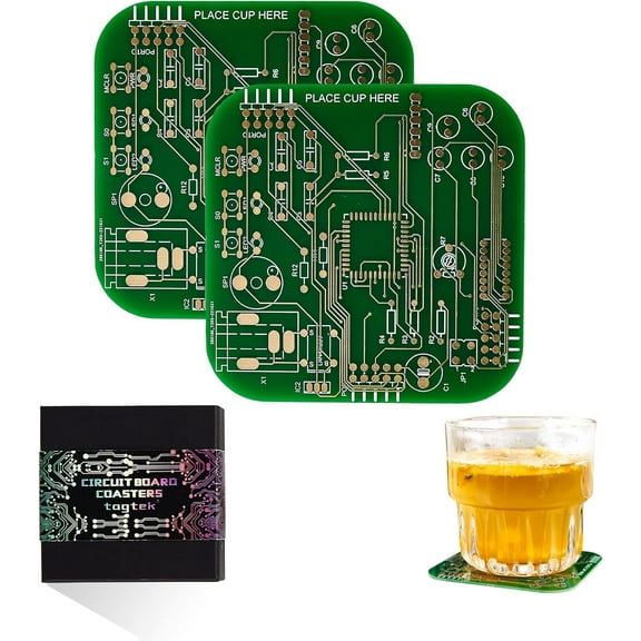 Coasters for Drinks in PCB-Design Green Coasters Decor with Immersion Gold Circuit Board Coasters for Coffee Table Bar Office Tech Gifts for Boyfriend Gamer Geek Engineer Dad Men (2 x Green/Pack)