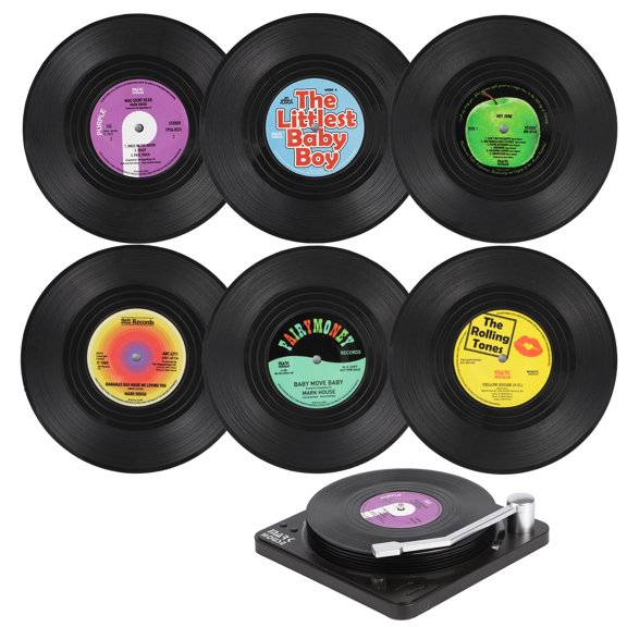 Coasters for Drinks,Retro Record Funny Absorbent Novelty 6 Pieces Vinyl Disk Coasters with Vinyl Record Player Holder, Effective Protection of the Desktop to Prevent Damage