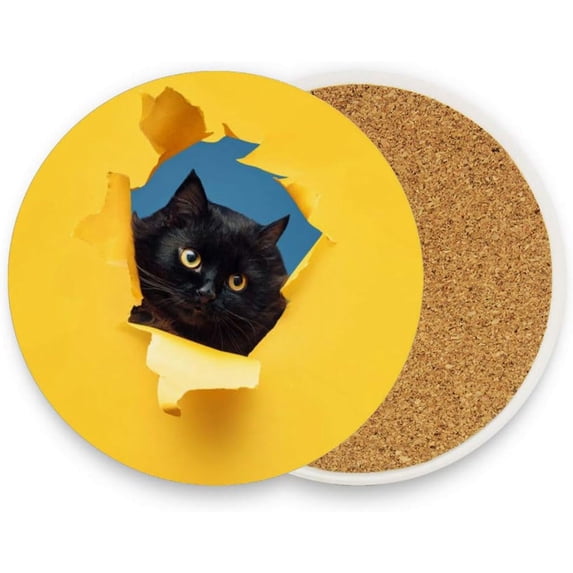Coasters for Drinks Set of 2 Absorbent Ceramic Coasters with Cork Base, Naughty Cat Coffee Coaster Great Gift for Table, Housewarming, Birthday, Kitchen, Home Decor