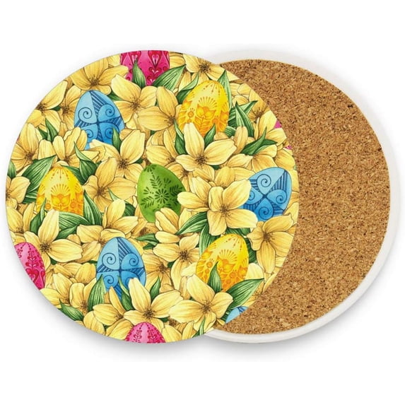 Coasters for Drinks Set of 2 Absorbent Ceramic Coasters with Cork Base, Easter Floral Background Coffee Coaster Great Gift for Table, Housewarming, Birthday, Kitchen, Home Decor