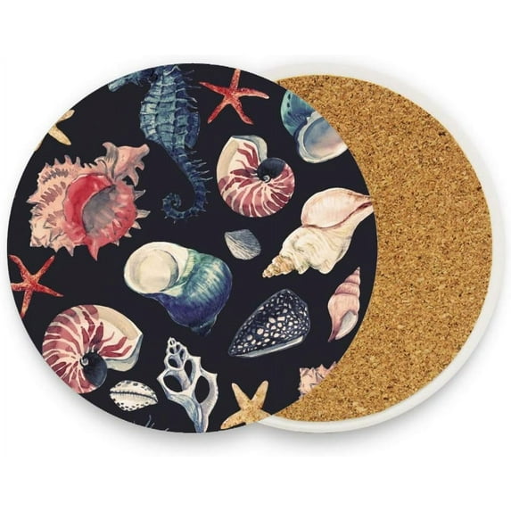 Coasters for Drinks Set of 2 Absorbent Ceramic Coasters with Cork Base, Watercolor Ocean Background Coffee Coaster Great Gift for Table, Housewarming, Birthday, Kitchen, Home Decor