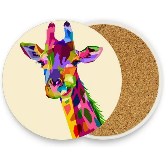 Coasters for Drinks Set of 4 Absorbent Ceramic Coasters with Cork Base, Colorful Wild Giraffe Coffee Coaster Great Gift for Table, Housewarming, Birthday, Kitchen, Home Decor