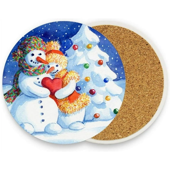 Coasters for Drinks Set of 4 Absorbent Ceramic Coasters with Cork Base, Couple Snowman Coffee Coaster Great Gift for Table, Housewarming, Birthday, Kitchen, Home Decor