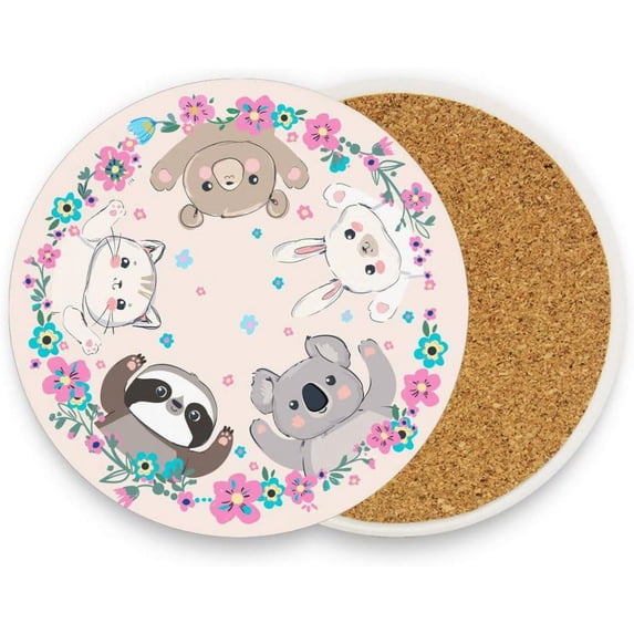 Coasters for Drinks Set of 4 Absorbent Ceramic Coasters with Cork Base, Cute Animal Illustration Coffee Coaster Great Gift for Table, Housewarming, Birthday, Kitchen, Home Decor